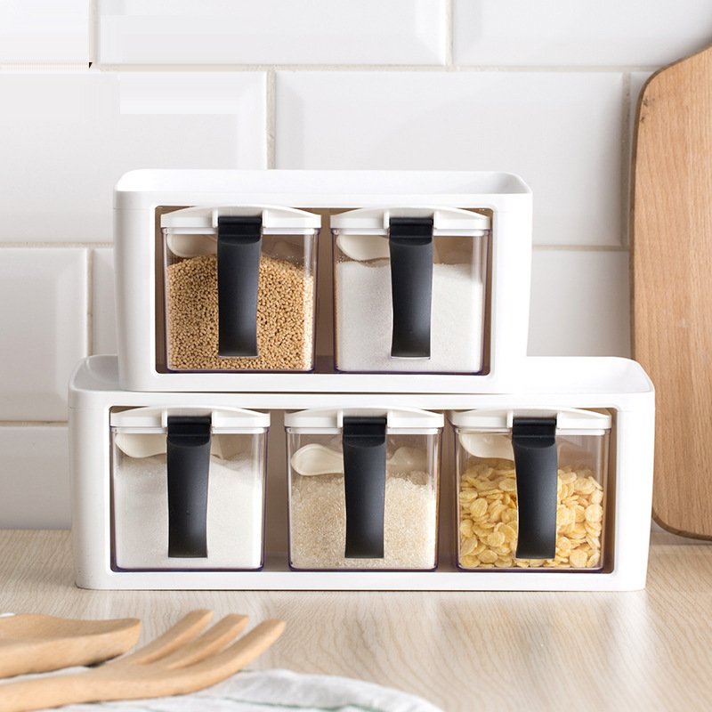 Plastic Spice Rack Stacked Storage Seasoning Boxes Spice Jars With Handle Spoon Kitchen Storage Container